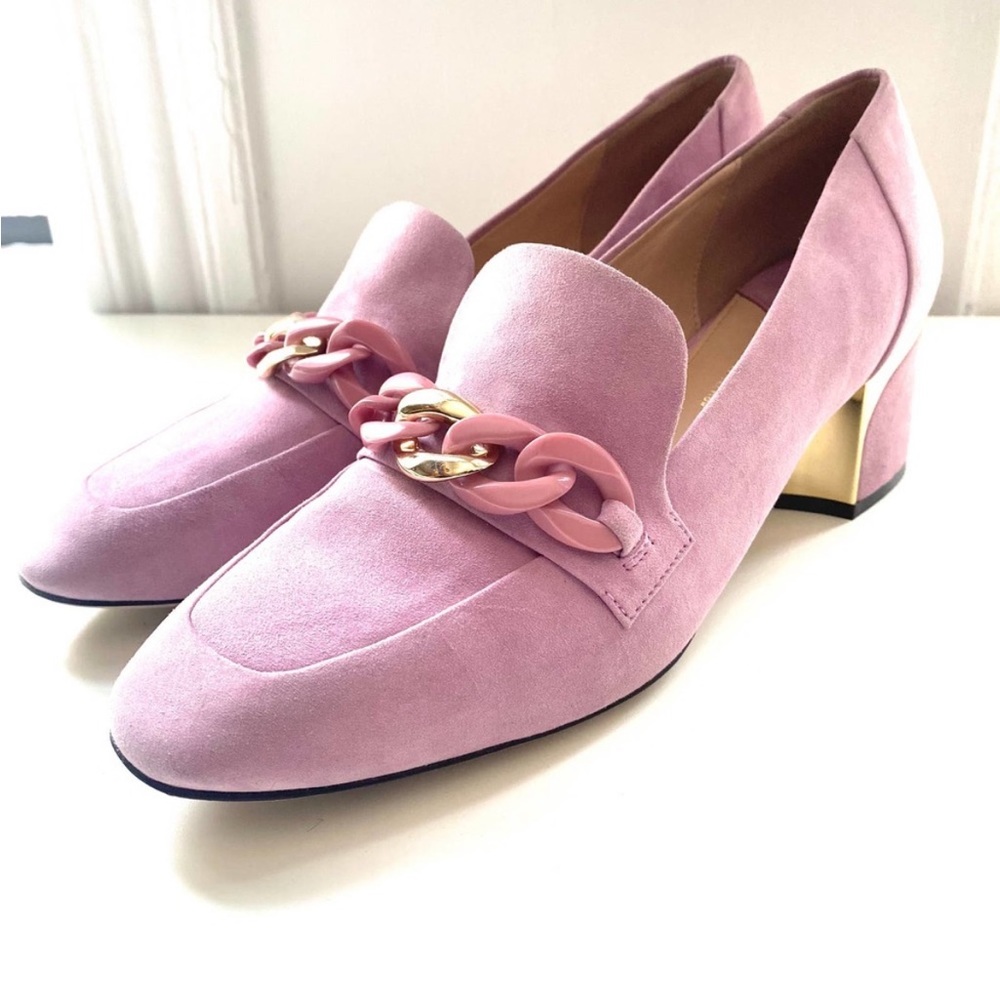 Cole Haan Collection Chain Pink Suede Heel Loafers sz 9 - Picture 3 of 15